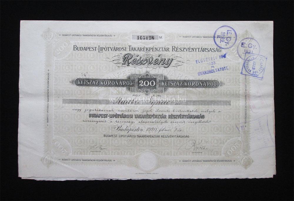 Budapest-Lipótvárosi Takarékpénztár részvény 200 korona 1920